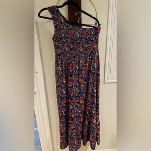 One-Shoulder Floral Maxi Dress in Navy with Red & Purple Accents